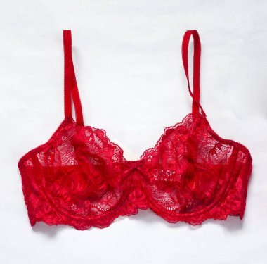 parlak kırmızı dantel sütyen beyaz arka plan üzerinde