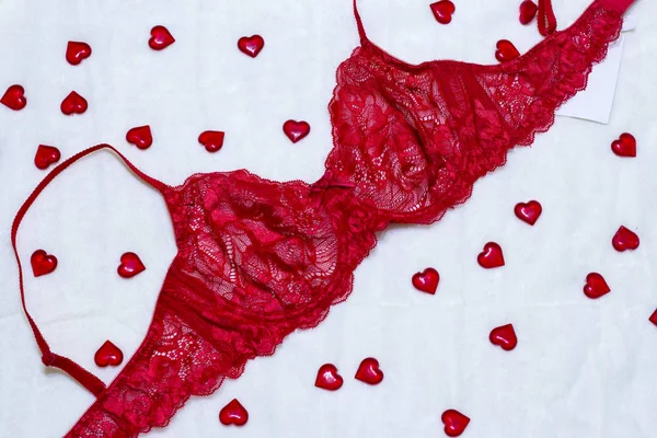 Lingerie Romântica Para Tentação Dia Dos Namorados Sutiã Renda Vermelho — Fotografia de Stock