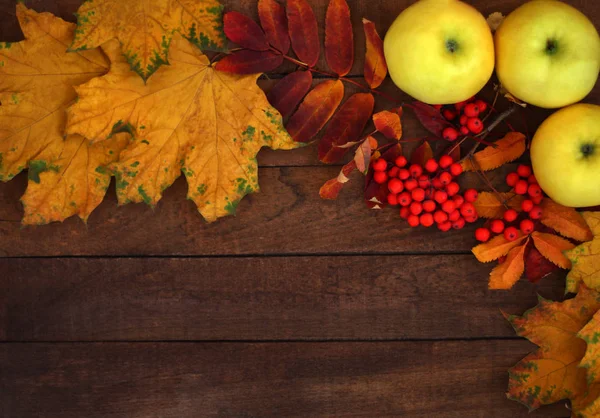 Autunno Sfondo Mele Mature Foglie Gialle Sfondo Legno Con Spazio — Foto Stock