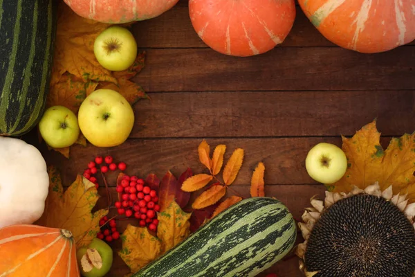 Fond Automne Avec Légumes Fruits Sur Surface Bois Avec Espace — Photo