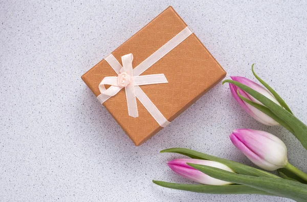 Tres delicados tulipanes rosados sobre fondo blanco con caja regalo — Foto de Stock