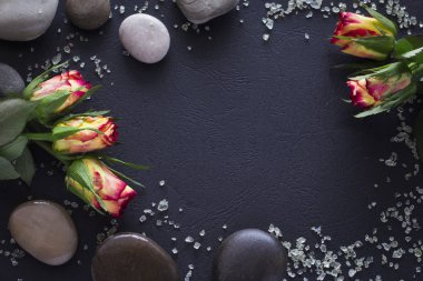 taşları, deniz tuzu ve gül siyah bir arka plan üzerinde çerçevelidir alanının bir kopyasını
