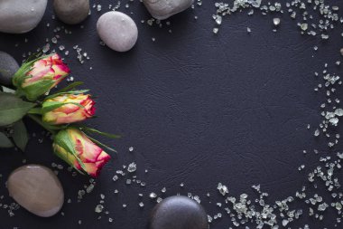 taşları, deniz tuzu ve gül siyah bir arka plan üzerinde bir alanı kopyasıyla çerçeveli
