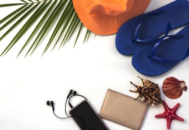 Tropikal arka plan, düz düzen, kopya alanı ile seyahat konsepti