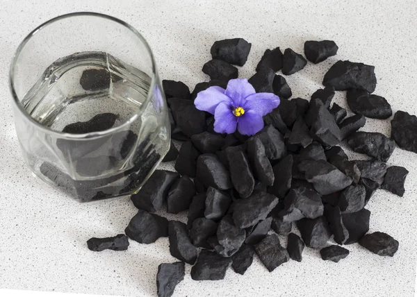 Shungite stenar i ett glas vatten för att rengöra och Ladda vatten, närbild utsikt från ovan — Stockfoto