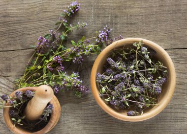 kekik otu taze ve ahşap bir masa arka plan üzerinde bir havaneli ile bir Fincan ve harç kurutulmuş