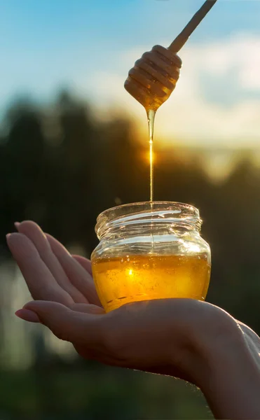 Κορίτσι Κρατά Ένα Βάζο Μέλι Στην Παλάμη Του Χεριού Της — Φωτογραφία Αρχείου