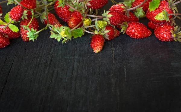 small wild strawberries on a black wooden background with a copy of the space.