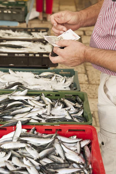 売りと買い 市場で新鮮な魚を示す — ストック写真