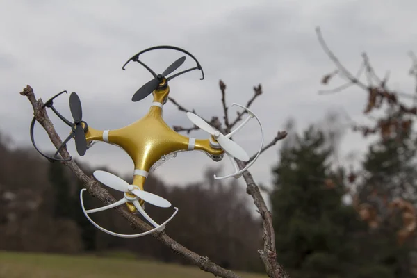 Drone Quadcopter Accident Scene Drone Quadrocopter Crashed Tree City Park — Stock Photo, Image