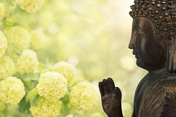 Vue Latérale Statue Bouddha Fleurs Vert Blanc Arrière Plan Avec — Photo