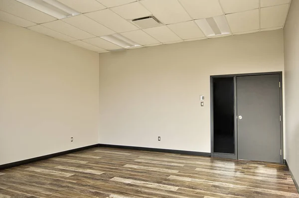 Interior of empty office room, wooden floor, beige walls and grey door.