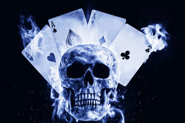 Skull Playing Cards Fire Black Background Photo Manipulation Artwork Rendering — Stock Photo, Image