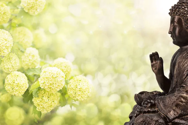Boční Pohled Sochu Buddhy Květy Zelené Bílé Pozadí Bokeh Efekt — Stock fotografie