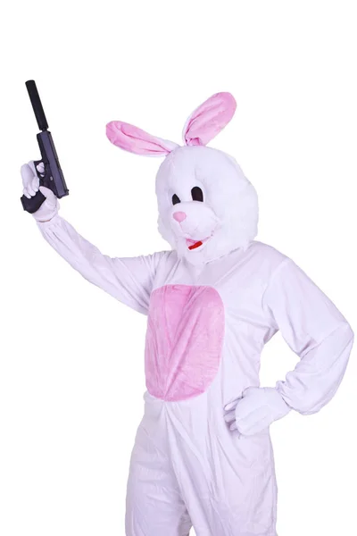 Mascotte Lapin Avec Une Arme Isolé Sur Fond Blanc — Photo