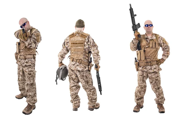 Conjunto Soldados Militares Roupas Camuflagem Isolados Backgroud Branco Pronto Para — Fotografia de Stock