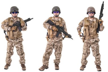 Set of military soldiers in camouflage clothes, isolated on white background. Ready for action. clipart
