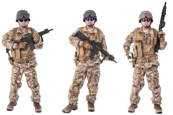 Set Soldati Militari Abiti Camuffati Isolati Sfondo Bianco Pronti All — Foto Stock