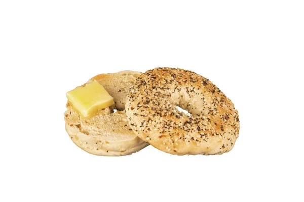Fresh Poppy Seed Bagel Bread Piece Melted Butter Isolated White — Stock Photo, Image