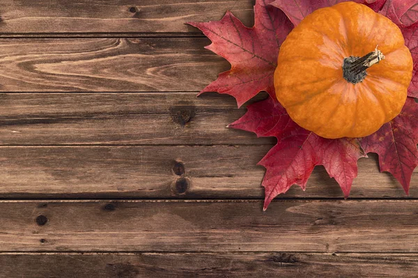 Pumpa Med Red Maple Leafs Kasseras Träbord Platt Lekmanna Top — Stockfoto