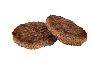 İki sulu ızgara hamburger köftesi, beyaz arka plan üzerinde izole. Yakın çekim.