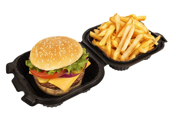 Cheeseburger Patty Hovězí Maso Hranolky Vytáhnout Kontejner Izolované Bílém Pozadí — Stock fotografie