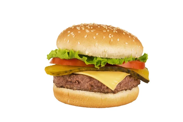 芝士汉堡与牛肉馅饼隔离在白色背景 真正的亲密 图库图片