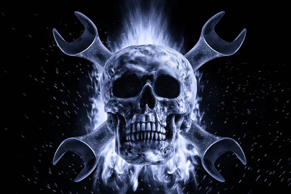 Skull and crescent wrench in fire on a black background. Photo manipulation artwork, 3D rendering.