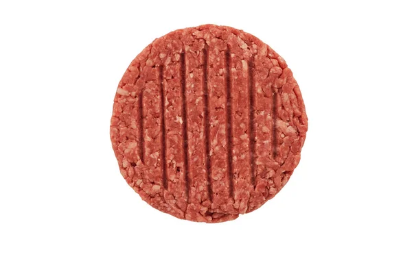 Zamknąć Surowe Podłoża Wołowiny Burger Stek Patty Białym Tle Bezpośrednio — Zdjęcie stockowe