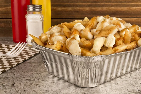 Poutine Takeout Container Cooked French Fries Beef Gravy Curd Cheese — Stock Photo, Image