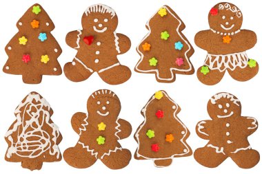 Noel için gingerbread çerezleri koleksiyonu. Beyaz arka plan üzerinde izole, yakın çekim.