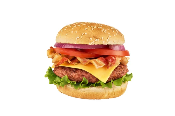Cheeseburger Carne Vită Șuncă Izolat Fundal Alb Foarte Aproape — Fotografie, imagine de stoc