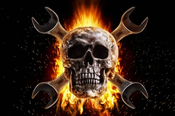 Skull and wrench on fire on a black background. Photo manipulation artwork, 3D rendering.