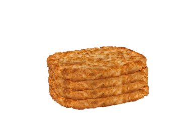 Beyaz arka plan üzerinde izole karma kahverengi patates köftesi kahvaltı için yığını. Yakın çekim.