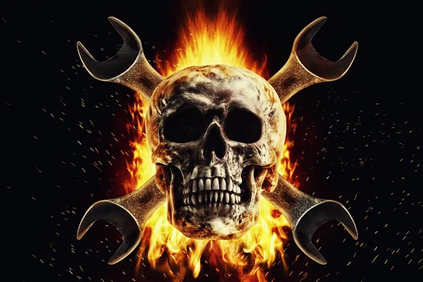 Skull Crescent Wrench Fire Isolated Black Background Photo Manipulation Artwork — Stock Photo, Image