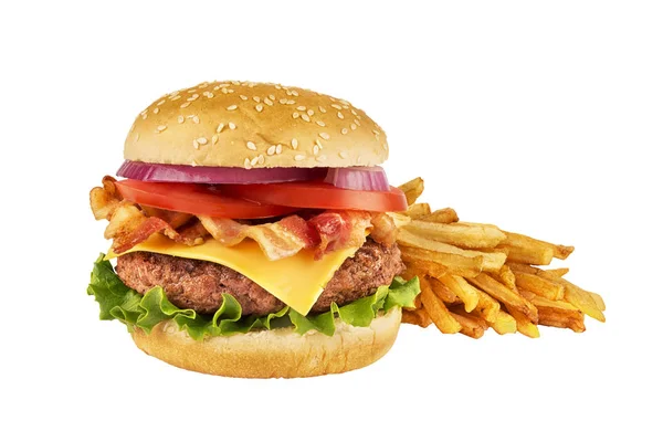 Cheeseburger Hovězí Patty Slaninou Hranolkami Izolované Bílém Pozadí Opravdu Zblízka Royalty Free Stock Fotografie