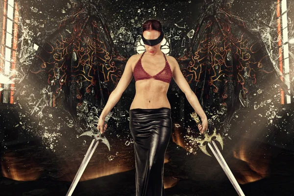 Femme Sexy Avec Des Ailes Démon Tenant Des Épées Dans — Photo