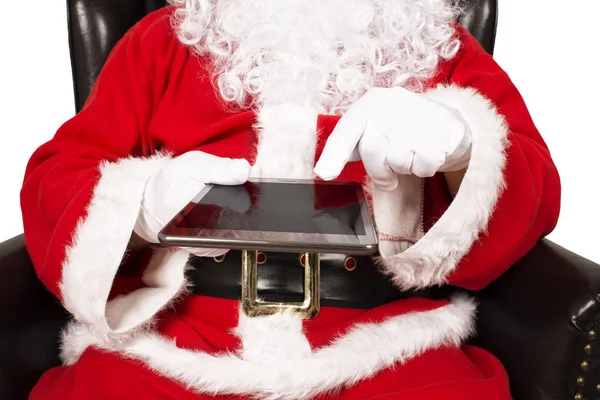 Санта Клаус Держит Трогает Планшет Закройте Ему Руки — стоковое фото