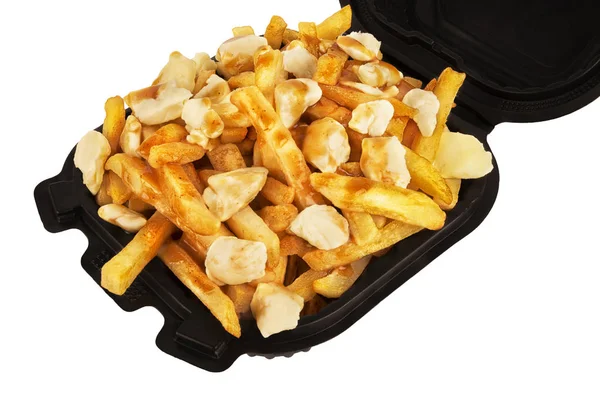 Poutine Take Out Container Cooked French Fries Beef Gravy Curd — Stock Photo, Image