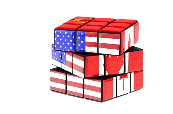 Bandera Estados Unidos China Canadá Rompecabezas Retorcido Aislado Sobre Fondo —  Fotos de Stock
