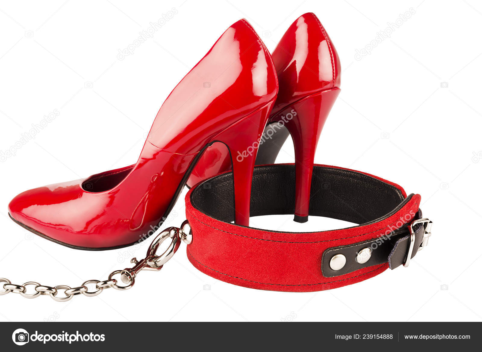 Red High Heels Dog Collar Isolated White Background Bondage Concept