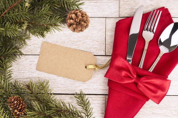 Close Table Settings Red Napkin Cutlery Directly Empty Tag Name — Stock Photo, Image