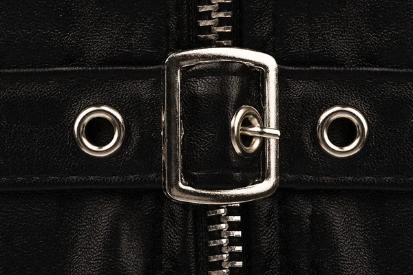 Close Decorative Belt Buckle Piece Black Leather Clothes — Stock Photo, Image