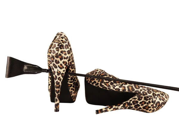 Leopard Print High Heels Black Riding Crop Isolated White Background — Stock Photo, Image