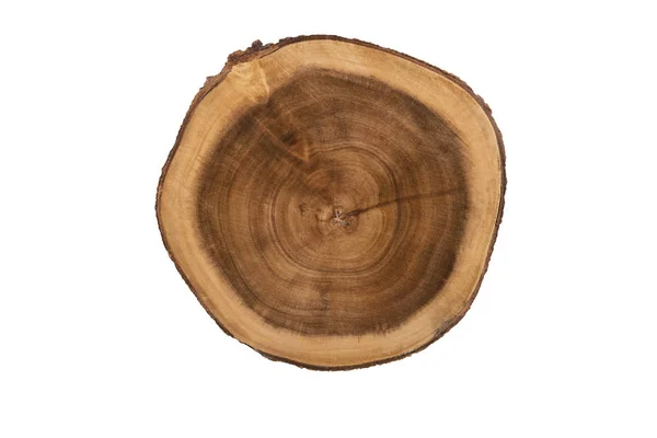 Prawdziwe Zbliżenie Okrągły Blat Drewniany Cięte Tekstury Bezpośrednio Powyżej Białym — Zdjęcie stockowe