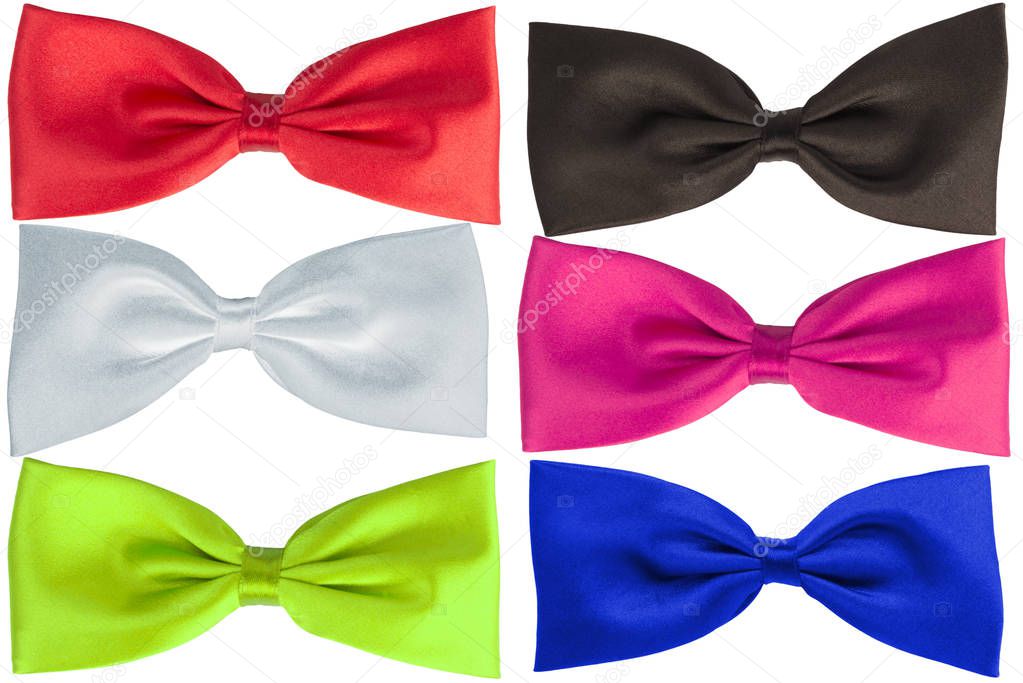 Collection of colorful bow tie, isolated on a white background. Red, white, green, blue, black and pink color.
