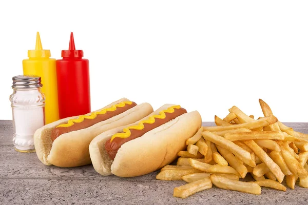 Duo Perritos Calientes Papas Fritas Mesa Concepto Restaurante Comida Rápida — Foto de Stock