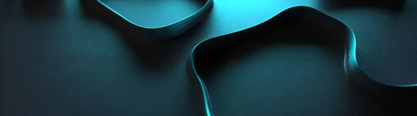 Boş alan ile panoramik koyu mavi yeşil 3d kavisli çizgiler ile yansıtıcı koyu arka plan üzerinde soyut şekiller tasarım.