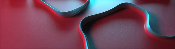 Boş alan ile panoramik mavi kırmızı 3d kavisli çizgiler ile kırmızı arka plan üzerinde soyut şekiller tasarım.