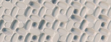 Soyut 3d yuvarlak parlak kapsül deseni ve yansıtıcı siyah plastik doku, panoramik ile Afiş illüstrasyon.